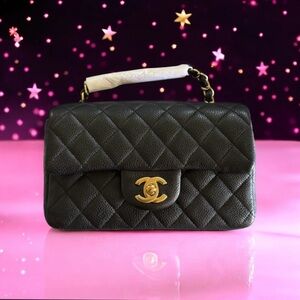 💕CHANEL BLACK CAVIAR Rectangular Mini Single Flap Aged Gold-Tone Hardware